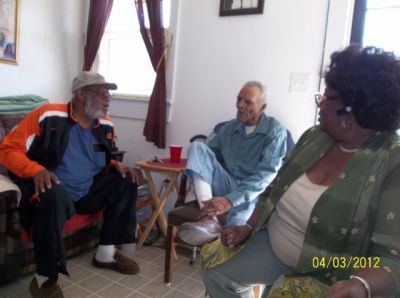 Robert Earl Sexton, Jr., Ralph "Puddin'" Hinton, Gloria Richardson Greene
Robert is the son of Mabel Harvey Sexton and the grandson of William Daniel Harvey, Sr.; Ralph is the son of Willie Mae Bush Hinton and the grandson of William Daniel Harvey, Sr.; Gloria is the daughter of Cora Willia Harvey Richardson and the granddaughter of Herman Harvey; taken at the home of Janie Harvey Grant in Rich Square, NC, Tuesday, April 3, 2012.
