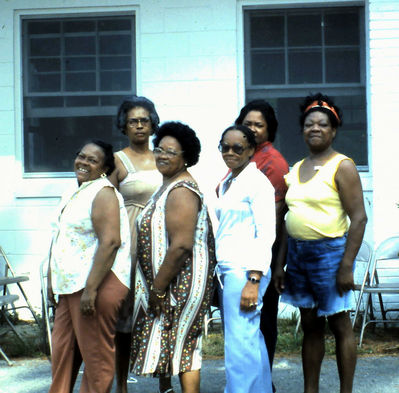 1979 Baugham Girls
Ludaine, Clara, Bealuh, Flora, Geraldine and Evelyn.
Taken at the S. B. Simmons FFA Camp in Swansbore, NC.
The Daughters of Mariah Frances (Rah) Harvey Baugham.
Keywords: 1979 Baugham Girls