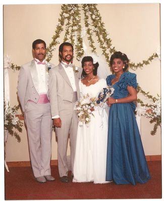 Danny Sexton - Ernest Benard Sexton -  Fay Bourne Sexton and Friend
Taken in1985 at the Wedding of Ernest and Fay in Houston, Texas
Danny is the Son of Wm. Daniel (June Bug) Harvey Jr., the, the adopted Son of Mable Ozella (Mabe) Harvey Sexton and the Grandson of Wm. Daniel Harvey Sr.
Ernest is the Son of Mable Ozella (Mabe) Harvey Sexton and the Grandson of Wm. Daniel Harvey Sr. 
Fay is the wife of Ernest Bernard Sexton, the Daughter-in-law of Mable Ozella (Mabe) Harvey Sexton and the Granddaughter-in-law of Wm. Daniel Harvey Sr.
Keywords: Danny Ernest