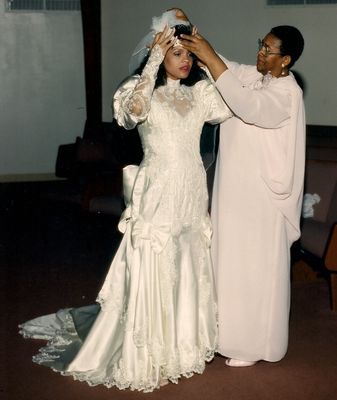 Sylvia Boyce and Doris Ray Boyce
Taken 1990 @ Sylvia's wedding, her mother Doris helping her put on her veil.
Sylvia is the daughter of Doris Ray Boyce and the granddaughter of Alice Mae Ray
Doris is the daughter of Alice Mae Ray
