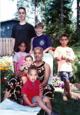 Front row - Aaron Hundley, 2nd row (baby) Bryce Jones, 3rd row Jessica Hundley & Lois Jones, 4th row Brooke Montgomery, Josh Fergerson & Jared Anderson 
Taken in 1992
Aaron is the son of Beverly Jones and the grandson of Lois Harvey Jones 
Bryce is the son of Victor Jones and the grandson of Lois Harvey Jones
Jessica is the daughter of Beverly Jones and the granddaughter of Lois Jones
Lois is the daughter of Wm. Henry Harvey (2) and the granddaughter of Annie Harvey
Brooke is the son of Beverly Jones Montgomery and grandson of Lois Harvey Jones
Josh is the stepson of Victor Jones
Jared is the son of Joy Jones and grandson on Lois Harvey Jones.
Keywords: Aaron Bryce Lois Jessica Brooke Jared Josh