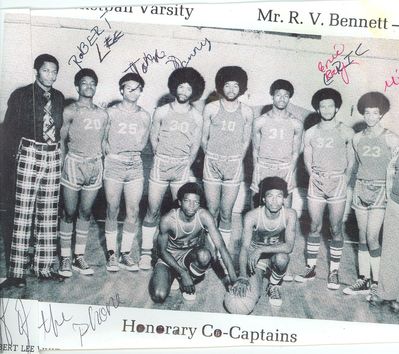 Robert Godwin Boyce - Danny Sexton - Eric Malcolm Ray
Taken 1974 in W.S. Creecy gym.
Robert G. Boyce, 3rd from left with headband on, Son of Doris Ray Boyce, Grandson of Alice Mae Harvey Ray. 
Danny Sexton, 4th from left, Son of Wm. Daniel Harvey Jr., adopted Son of Mable O. Harvey Sexton and Grandson of Wm. Daniel Harvey.
Eric M. Ray, 7th from left, Son of Thornton (Tap) Ray, Grandson of Alice Mae Harvey Ray.

Keywords: Eric Ray Angelo Danny Sexton Robert Boyce