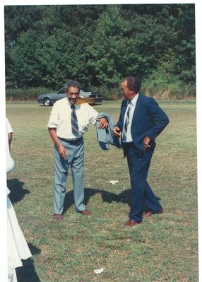 Wm. Daniel Harvey Jr. (Junebug) & Wm. Thomas Harvey (Tit)
Taken 2000 @ a funeral in Rich Square, NC
Wm Daniel Jr. (June Bug) is the Son of Wm. Daniel Harvey Sr. 
Wm. Thomas (WT, Tit) is the Son of Lloyd Russell Harvey
Keywords: Junebut Tit