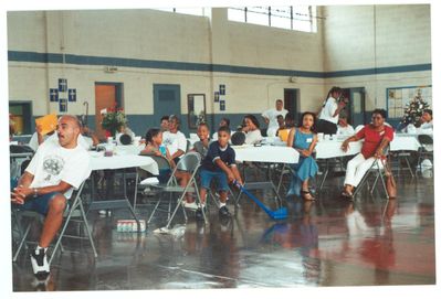 William Jacobs, Callie Ward Jacobs and Marshelia Harvey
Taken late 1990's at Harvey-Jacobs Reunion
William Fennel Jacobs, Son of Louise Harvey Jacobs, Grandson of Wm. Daniel Harvey, wearing white reunion tee shirt.
Callie Ward Jacobs, Daughter of Effie Virginia (Sadie)Harvey Ward, Granddaughter of Wm. Daniel Harvey, sitting, wearing white reunion tee shirt.
Marshelia Harvey, Wife of Thomas M. Harvey, Daughter-in-law of Wm. Thomas Harvey (Tit), Granddaughter-in Law of L. Russell Harvey.  wearing blue dress.
